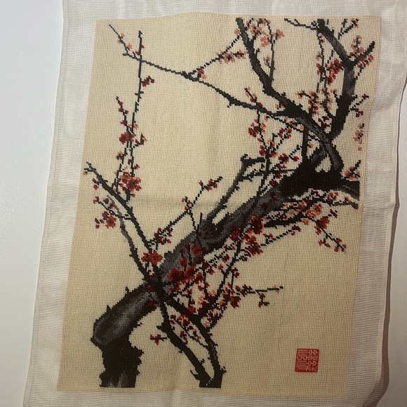 Vintage Asian Cherry Blossom Tree Needlepoint, Handmade, Wall Hanging 27”x 21” - Picture 2 of 4